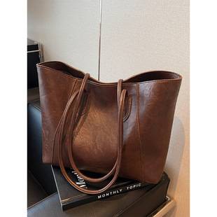 Tote bag cross-border Maillard bag for women, 2026 new vintage style shoulder bag, large capacity commuter bag, solid color