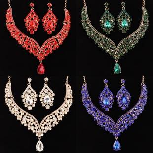 Cross-Border Large Water Drop Full Diamond Jewelry Set European and American Style Necklace and Earrings Two-Piece Set Bridal Luxury High-End Rhinestone Jewelry