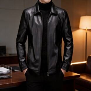 In-Stock Haining Faux Leather Men's Jacket with Turn-Down Collar, Winter Fleece-Lined Leather Jacket, Casual Loose-Fitting Dad Style