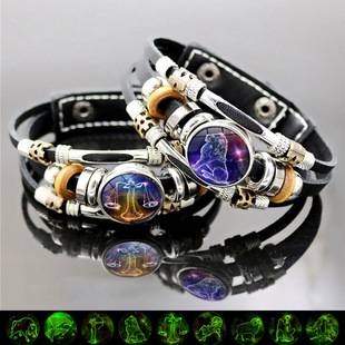 Luminous Twelve Constellations Bracelet for Men and Women Students Couple Birthday Gift Punk Style Multi-Layer Beaded Leather Bracelet