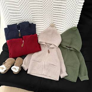 Korean Kidsren's Clothing Kidsren's Thickeneded Sweaters Autumn and Winter Stylish Elf Hats for Boys and Girls Knitted Cardigans Warm Jackets