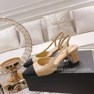 Cross-border Chanel Style Baotou Sandals Women's 2024 New Summer All-match French Sole Shoes Medium-thick Heel Color Matching Shoes