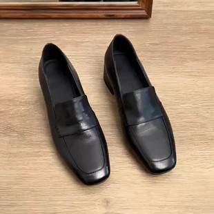Sheepskin version ~ fashionable simple mid-heel loafers versatile commuter black leather shoes retro square toe single-layer shoes