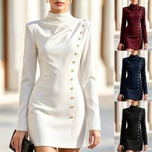 European and American Amazon Independent Site Half-High Collar Pleated Slim-Fit Short Dress with Metal Buckle Long Sleeves Party Dress Slim Fit