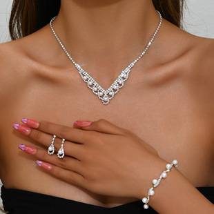 Sweet Pearl Earrings, Necklace, Bracelet, Bridal Jewelry Set, Fashionable and Versatile, Diamond-Studded Flower Collarbone Chain, Wholesale