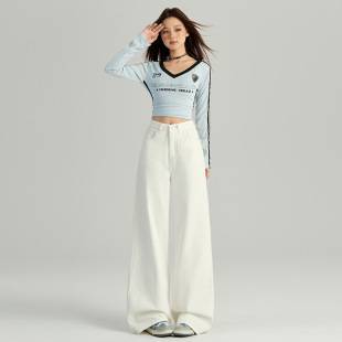 White Wide-Leg Loose Jeans for Women, New Spring and Autumn Style, Pear-Shaped Figure, High-Waisted, Hip-Covering, Non-See-Through, Slimming Straight-Leg Pants
