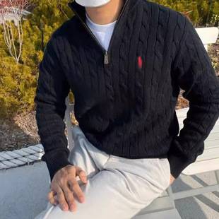 Men's Slim-Fit Half-High Collar Zip-Up Long-Sleeve Knit Sweater for Winter, Polo Pullover, Thick Cable Knit Sweater for Outerwear