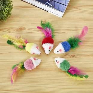 Cat Toy Kitten Little Mouse Multicolored Feather Teasing Cat Toy Plush Squeaky Big Mouse Cat Self-Entertainment Toy
