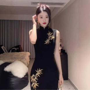 High-End New Chinese-Style Retro National Style Fashionable Embroidered Black Evening Dress Sleeveless Bodycon Dress Trendy