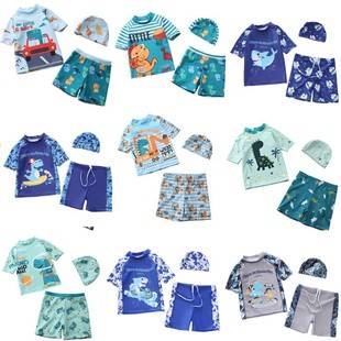 New children's swimwear for boys, three-piece set, dinosaur and shark designs, available in sizes for infants, toddlers, and older children