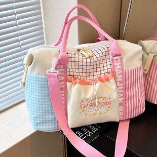 Sweet color-blocked travel bag, large-capacity hand-held storage bag, lightweight gym bag for short trips
