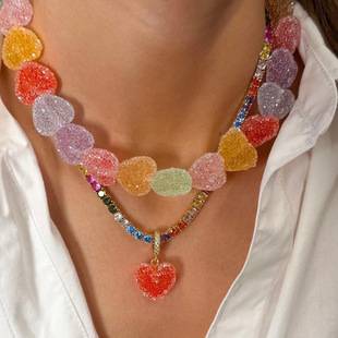 Spring and Summer Sweet and Cool Dopamine Colorful Candy Heart Necklace and Earring Set Bridal Dress Evening Accessories Bracelet