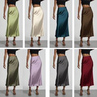 Women's satin skirt, cross-border foreign trade, European and American style, elegant and textured, slimming and smooth, mid-length skirt, Amazon