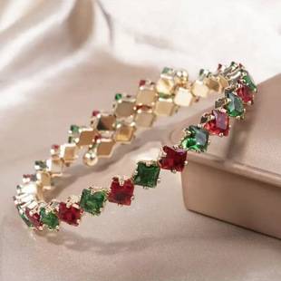 European and American Cross-Border Minimalist Rhombus-Shaped Zircon Single-Row Open Bracelet for Women, Bridal Wedding Accessory, Christmas Style