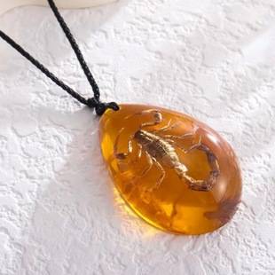 Cross border hot amber pendant large water drop necklace animal fossil insect scorpion pendant sweater chain