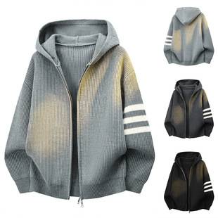 New autumn and winter hooded knit sweater for men, three-stripe cardigan jacket, old money style, cross-border factory wholesale