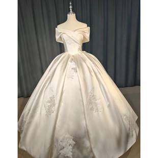 2026 Light Champagne Off-The-Shoulder Satin Wedding Dress with Intricate Embroidery and Large Skirt, Full of High-End Elegance