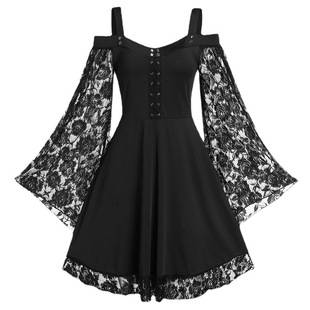 Europe and the United States shoulder horn sleeve lace stitching literary retro dress women's casual skirt a generation of hair