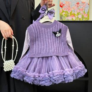 Girls' Kuromi Princess Gauze Skirt Autumn New Style Baby Girl's Style Vest Long Sleeve Dress Two-Piece Autumn Outfit