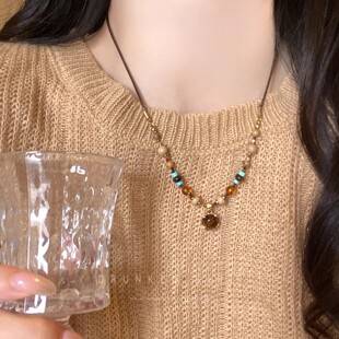 Retro Maillard Ring Tiger Eye Stone Beaded Necklace Women's Accessible Luxury Niche High-End Sweater Chain Accessories Neck Necklace