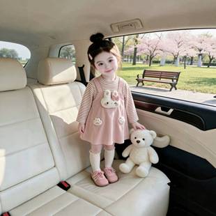 Girls' Dress 2026 New Baby Fashionable Striped Princess Long Sleeve Faux Two-Piece Dress Super Cute