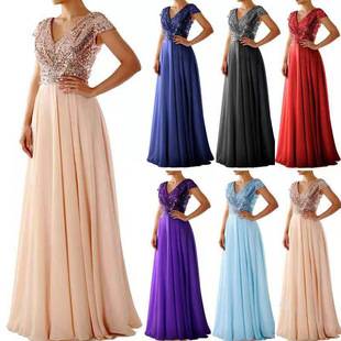 2023 Cross-border New Spring and Summer European and American Women's Foreign Trade Dress V-neck Sequin Chiffon Stitching Evening Dress