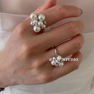 Niche Design Starry Pearl Zircon Ring, Light Luxury, High-End Feel, Versatile Autumn and Winter Open Ring
