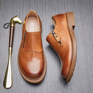British Fashion Retro Casual Zipper Men's Shoes Business Big Toe Leather Shoes Men's Low-top Soft Face Thick Bottom Leather Slip-on