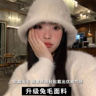 Furry Rabbit Fur Fisherman Hat Winter Hat Large Head Circumference High-End Feel Autumn and Winter Bucket Hat Warm Reversible Wear Bucket Hat