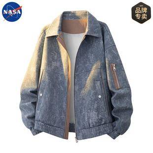 Nasa Brand American Jacquard Imitation Denim Jacket Autumn and Winter Versatile Loose Large Size Trendyy Men's Lapel Jacket