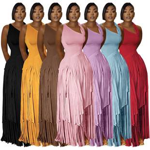 11017 Cross-Border Supply for European and American Foreign Trade Women's Clothing Amazon Solid Color Tassel Dress Elegant Slim-Fit Dress