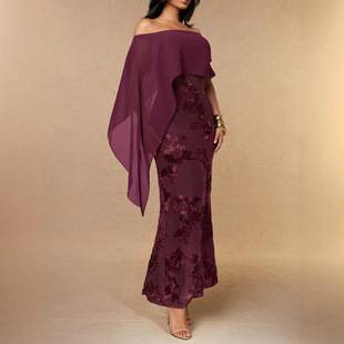 Elegant European and American style formal gown with draped, flowing cape sleeves, off-the-shoulder design, floral embroidery, and a slim-fitting long dress