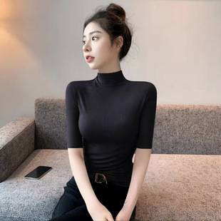 2024 New Autumn and Winter Small Collar Short-sleeved T-shirt Women's Early Autumn New Korean-style Slim-fit Half-height Collar Half-length Sleeve Solid Color