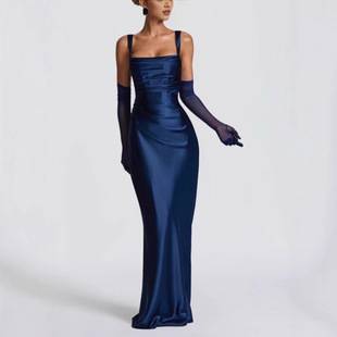 European and American New Style Pure Color Elegant Strap Waist Dress Sexy Square Neck Banquet Hip-Covering Evening Dress Fishtail Skirt