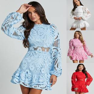 Cross-border European and American Stand Collar Lantern Long-sleeved Tight Waist Dress Skirt A- word Ruffled Hollow Water-soluble Lace dress