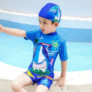 2026 New Model Children's Swimsuit for Boys, One-Piece Quick-Dry Cartoon Sun-Protective Swimwear with Swimming Cap