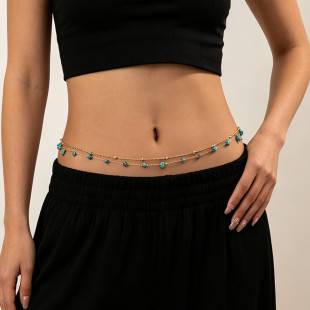 European and American Style Double-Layer Turquoise Waist Chain, Bohemian Vacation Style Belly Chain, Hot Girl Beach Outfit Body Accessory