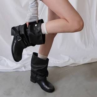 Women's Black Round-Toe Mid-Calf Boots with Internal Height Increase, 2025 Style, Round Toe, Belt Buckle, Flared Cuff, Color-Washed, Ruched, Stacked