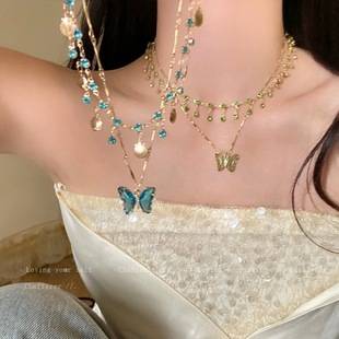 Colorful Butterfly Double-layer Tassel Necklace Summer Cool High-end Choker Necklace Accessories Female Niche Clavicle Chain