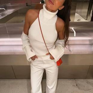 Cross-Border New Autumn Knitwear Set European Style Pullover Halter Neck Sexy Shawl Long-Sleeve Sweater Two-Piece Set for Women