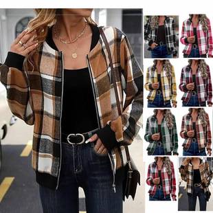 2025 Amazon New Cross-Border European and American Style Commuter Women's Plaid Zipper Baseball Jacket Autumn and Winter Jacket