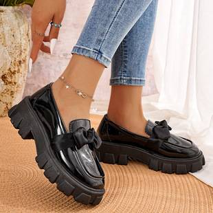 Foreign Trade Large Size British Style Versatile Loafers for Women 2025 Autum New Style Bow Thick Sole Thick Heel Small Leather Shoes for Women