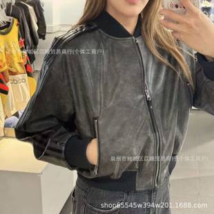 American-style motorcycle faux leather aviator jacket with a turn-down collar for women, new European and American style short jacket with a stand-up collar