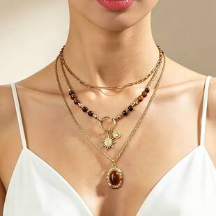 French-Style Vintage Tiger's Eye Stone Pendant Necklace, Light Luxury with a High-End Feel, Niche Design with a Sophisticated Elegance