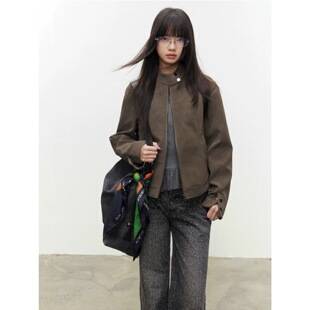 AUNP Vintage Gray-Green Brown Stand-Collar Slim-Fit Leather Jacket for Women, Autumn Slimming Versatile Short Leather Coat