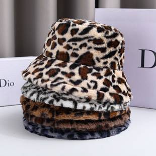 Cross-border Hat Women's Winter Face leopard print Fisherman Hat Women's All-match Warm Basin Hat Ins Plush Bucket Hat