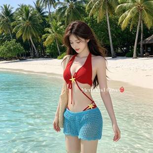 Red Star Swimsuit for Women, Perfect for Hot Springs, Stunning and Sexy, Pure Desire Bikini, Three-Piece Set, European and American Resort Swimwear