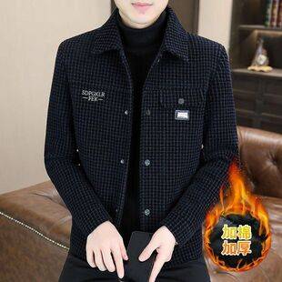 2024 Winter Men's Fleece-Lined Thick Warm Woolen Coat Casual Versatile Stylish Houndstooth Woolen Jacket Trendy