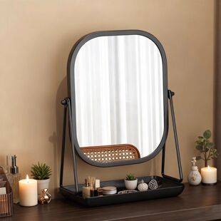 Desktop Vanity Mirror with Tray Storage Box, Foldable Makeup Mirror for Home Bedroom, Girly Mirror