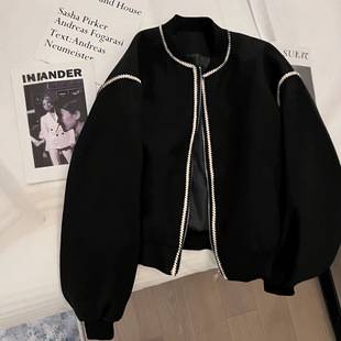 Women's baseball jacket, spring and autumn style, 2026, Chanel-inspired black top, short casual jacket for petite women